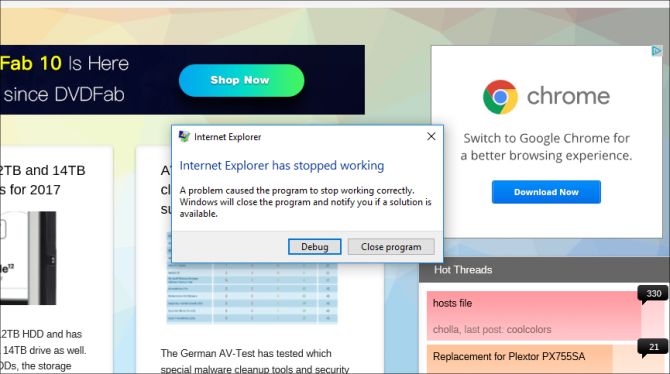 Internet Explorer crashed showing a Chrome ad