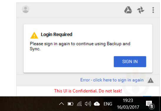 Backup and Sync login required