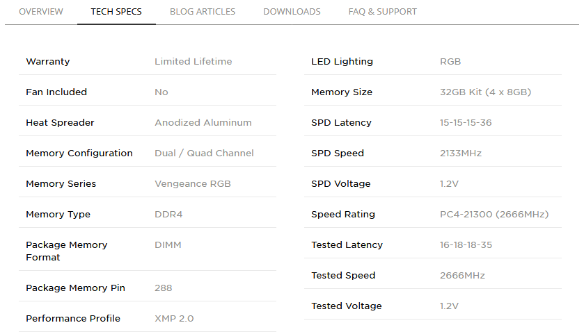 Corsair Venegeance RGB DDR4 RAM specifications